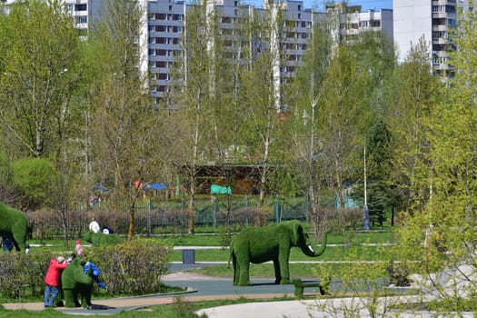 Moscow, Russia - May 11. 2021. Boulevard in the Zelenograd