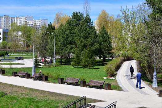 Moscow, Russia - May 11. 2021. Boulevard in the Zelenograd