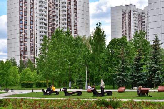 Moscow, Russia - May 11. 2021. Boulevard in the Zelenograd