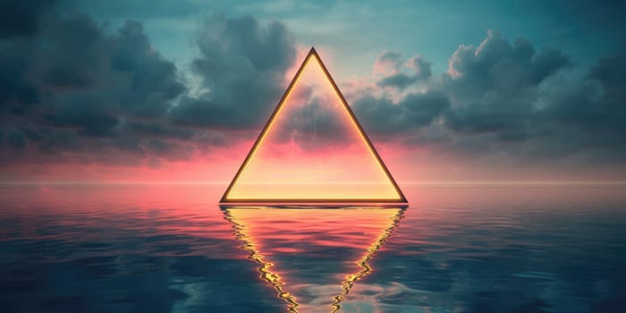 A triangle shaped empty frame neon cloud on water, in the style of vintage aesthetics. Generative AI image weber.