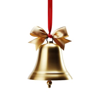 Golden Christmas bell with a red bow isolated on white background