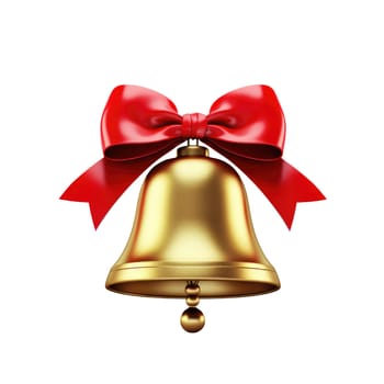 Golden Christmas bell with a red bow isolated on white background