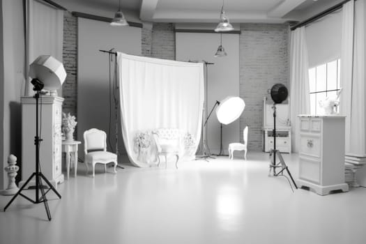 Photo studio interior with set of professional equipment and workplace in white colors. AI Generated