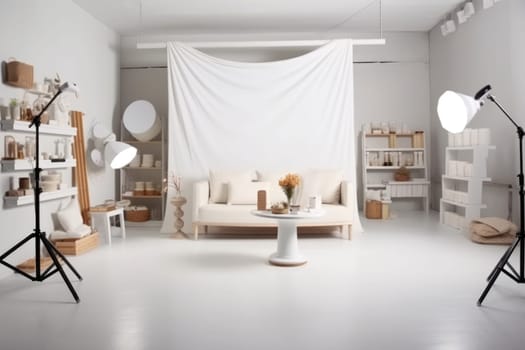 Photo studio interior with set of professional equipment and workplace in white colors. AI Generated