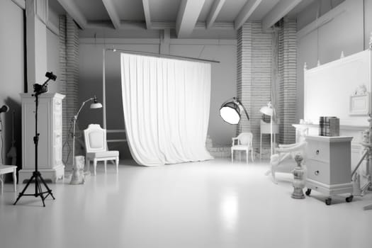 Photo studio interior with set of professional equipment and workplace in white colors. AI Generated