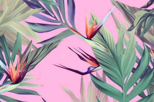 jungle flower pattern watercolor wallpaper plant seamless orange vintage trendy green hawaiian pink palm colorful floral white summer tropical leaf. Generative AI.