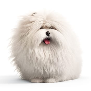 Funny white very fluffy dog of unknown breed isolated on white background. Dog with tongue out.