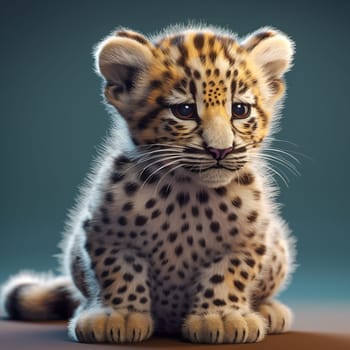 A leopard cub is sitting isolated on blue background. Cute spotted leopard cub looking directly into the camera.