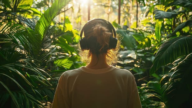 Woman with Headphones in Lush Tropical Jungle, Music and Nature Escape
