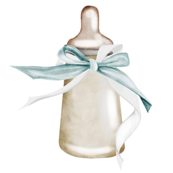 Baby milk bottle watercolor. Hand drawn container for newborn on isolated white background. Clip art of drink vessel with blue bow. Perfect for cards and invitations for baby shower and birth of a baby. High quality photo