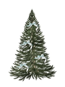 Watercolor Christmas tree with bows. Hand drawn vintage evergreen tree isolated on white background. Clip art of Christmas and New Year symbol. Ideal for greeting cards, posters and home crafts design. High quality illustration