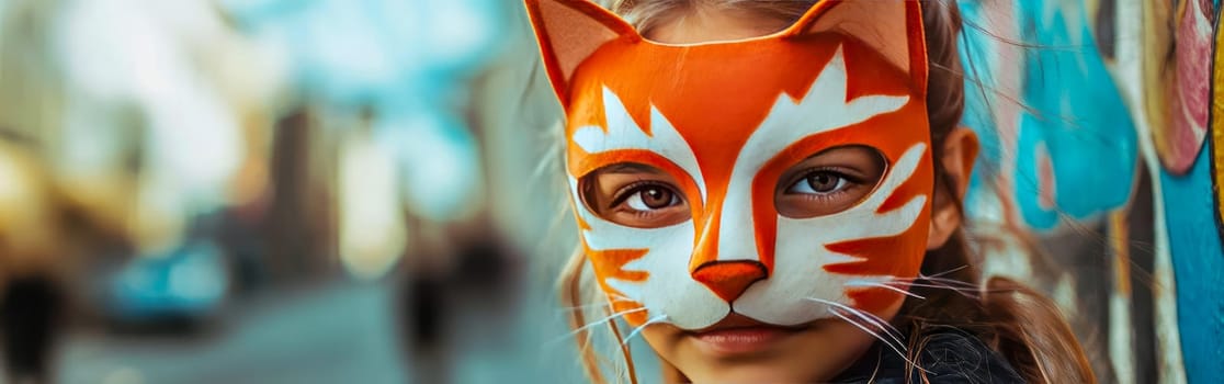 Girl wearing a gray cat mask made of felt fabric. Quadrobists, informal youth movement. Banner.
