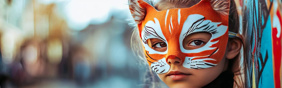 Girl wearing a gray cat mask made of felt fabric. Quadrobists, informal youth movement. Banner.