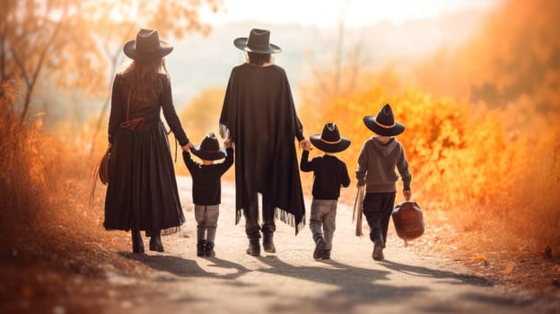 Family of witches and wizards walking in the autumn forest holding hands.