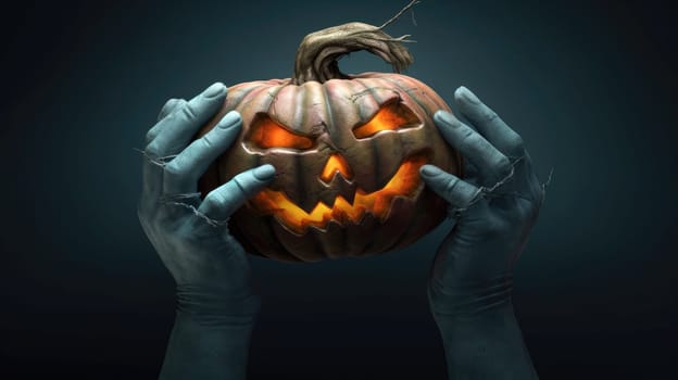 Blue hands hold a glowing pumpkin with a carved face on a dark blue background.