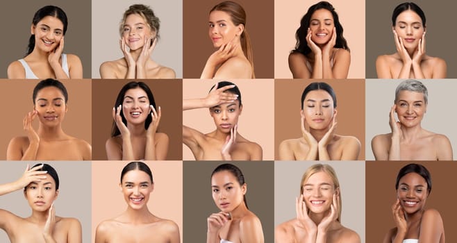 A diverse collection of women displays their natural beauty while engaging in skincare routines. Each individual brings a unique expression of confidence and self-care.
