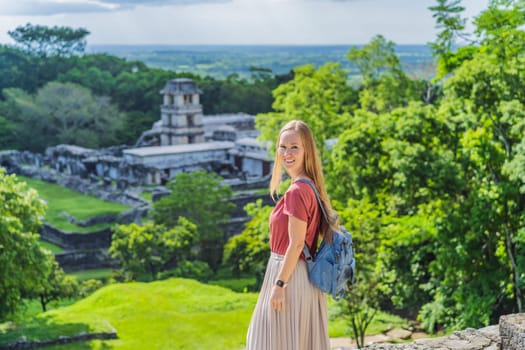 Female tourist exploring the ancient pyramids of Palenque, Mexico, surrounded by dense jungle. Cultural heritage and adventure travel concept.