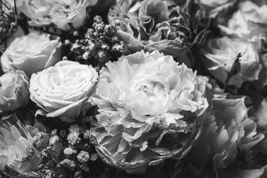 A beautiful black and white floral arrangement. Soft, romantic floral background.