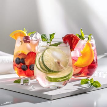 Three colorful glasses filled with refreshing fruit-infused drinks featuring slices of lime, berries, and peach, garnished with mint leaves under natural light.