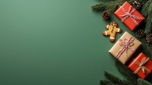 Festive Christmas scene featuring beautifully wrapped presents, gingerbread cookie, and pine branches, evoking warm holiday spirit.
