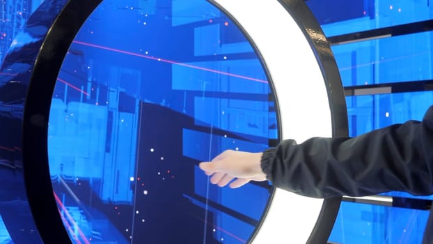 Touch circle for virtual communication. Media. New technology of virtual immersion. Manual motion control in virtual space.