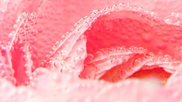 Close-up of beautiful bubbles on bright flower. Stock footage. Refreshing flower petals with bubbles in water. Bright flowers under water with bubbles.