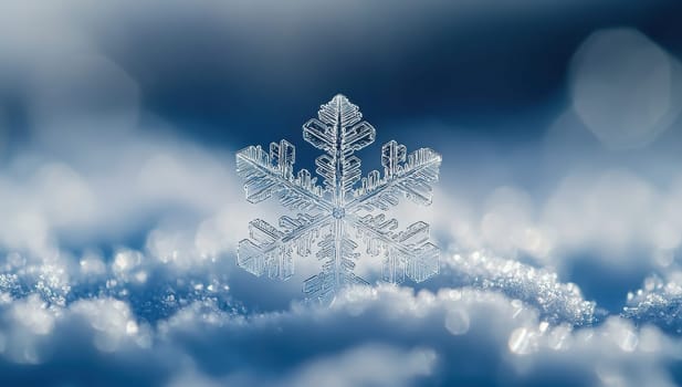 a delicate snowflake on a snow covered surface with a blue bokeh background.