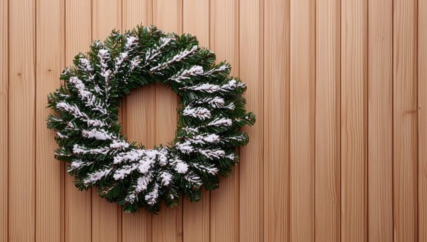 Christmas wreath with snow frosted pine branches on a wooden background. Christmas decoration, winter holidays, festive season.