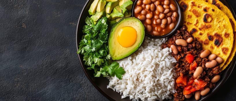 A vibrant Mexican inspired bowl filled with rice, beans, avocado, egg, cilantro, and corn tortillas on a dark background, showcasing a variety of textures and flavors.