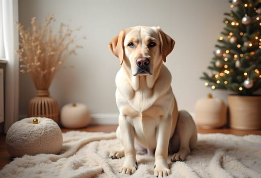 A friendly Labrador sits comfortably in a bright, cozy interior decorated with festive Christmas ornaments. The warm holiday atmosphere, highlighted by soft lighting and cheerful decorations, creates a heartwarming scene perfect for seasonal greetings or dog-themed holiday designs.