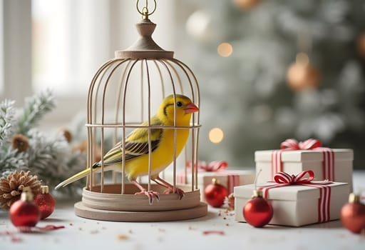 A delicate yellow canary perches near beautifully wrapped Christmas gifts in a bright, cozy interior adorned with festive decorations. The cheerful holiday scene, with warm lighting and seasonal decor, is ideal for seasonal greetings or bird-themed holiday designs