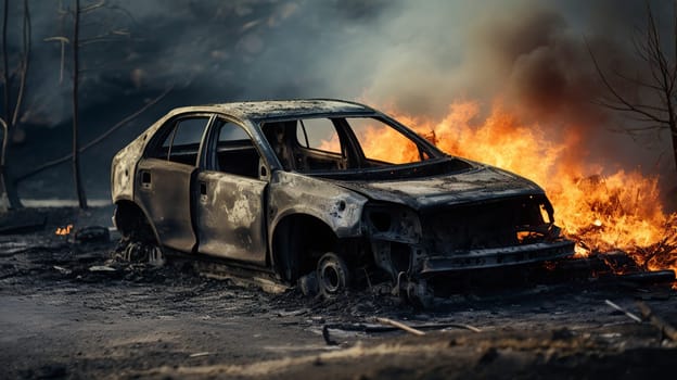 The car after the fire. Burnt passenger car Closeup. Burnt car frame with ash and garbage after a fire. Rusty steel and metal structures. Broken glass. Traffic accident and vandalism concept.
