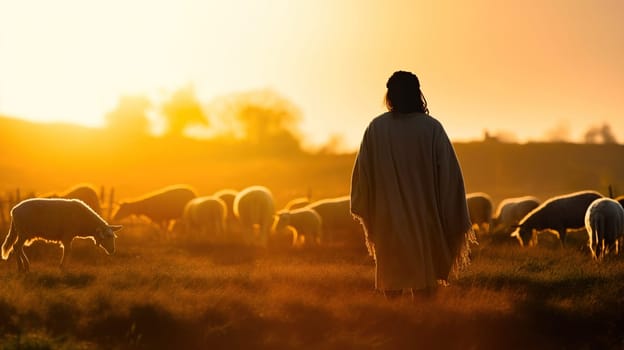 A man is standing in front of a large herd of sheep, observing and interacting with them in a beautiful natural setting around him