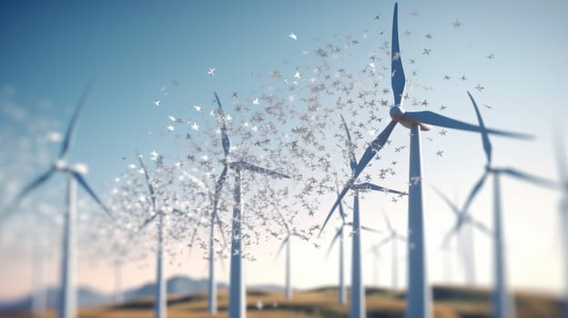 A picturesque row of wind turbines gracefully stands against the expansive backdrop of a breathtaking starry night sky, creating a stunning visual
