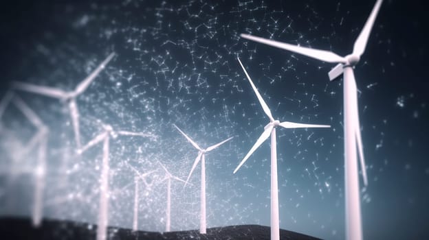 A picturesque row of wind turbines gracefully stands against the expansive backdrop of a breathtaking starry night sky, creating a stunning visual