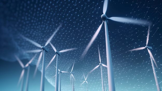 A picturesque row of wind turbines gracefully stands against the expansive backdrop of a breathtaking starry night sky, creating a stunning visual
