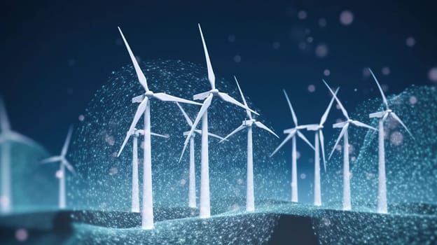 A picturesque row of wind turbines gracefully stands against the expansive backdrop of a breathtaking starry night sky, creating a stunning visual