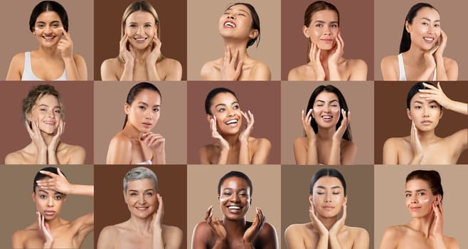 Groups of women of different backgrounds showcase their skincare routines, smiling and enjoying the moment while emphasizing self-care and beauty in a warm, inviting setting.