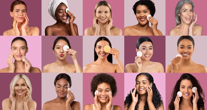 A group of women from different backgrounds engage in their skincare routines, each using various products, highlighting self-care and beauty in a lively, colorful atmosphere.