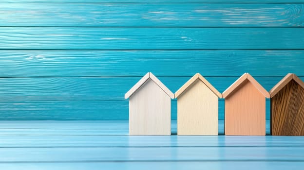 Miniature wooden houses in various colors are lined up against vibrant blue wooden background, creating charming and inviting atmosphere.