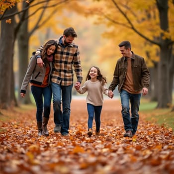 Joyful family of four walking together on a path covered with fallen leaves in a picturesque autumn park, surrounded by golden foliage.