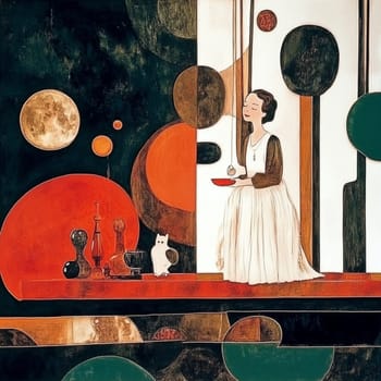 Woman is sitting in a surreal, abstract space with geometric shapes, enjoying a peaceful moment with a cup of tea and her cat