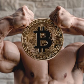A powerful image of hands forming a stronghold around a Bitcoin, juxtaposing the physical might of the human form with the intangible strength of digital currency. The concept of cryptocurrency