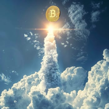 A Bitcoin coin propels into the sky amidst a cloud plume, suggesting a skyrocketing market trend. The concept illustrates the high potential and upward trajectory of cryptocurrency