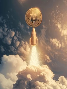 A Bitcoin embossed rocket pierces through the clouds, metaphorically illustrating the cryptocurrency's price skyrocketing. The powerful image suggests a bullish market trend