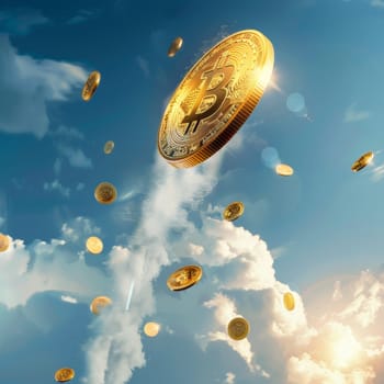 A single Bitcoin coin ascends with a trail of smaller coins, representing a significant increase in cryptocurrency value. It symbolizes upward financial mobility and growth