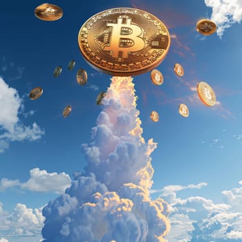 A giant Bitcoin propels through a cloud column, depicting an explosive rally in its value. The image conveys a strong bullish sentiment in the cryptocurrency market
