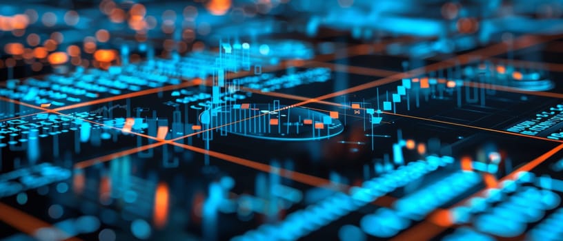 A futuristic financial analysis graph glowing on a digital board conveys the complex data analysis behind modern investment strategies. This image represents intricate world of financial technology