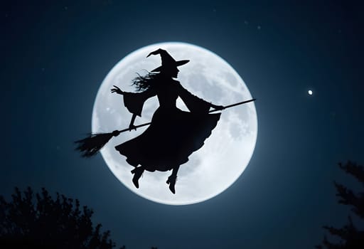 A witch flying across a bright full moon, silhouetted against a dark Halloween sky