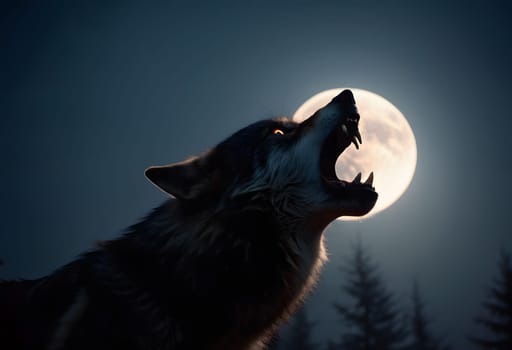 A werewolf stands on a rocky hill, howling at the full moon on a foggy Halloween night
